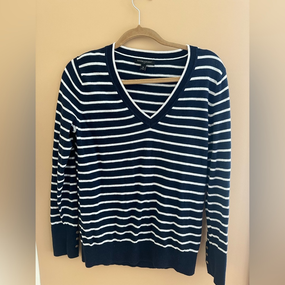 V-Neck striped Banana Republic sweater.